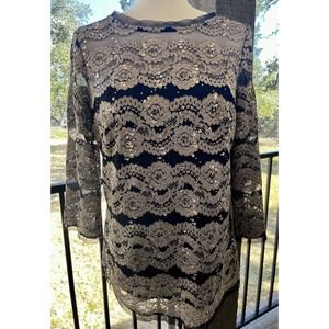 Alex Evenings Black Netting Gold Embroidery Sequins Glitter Size Large